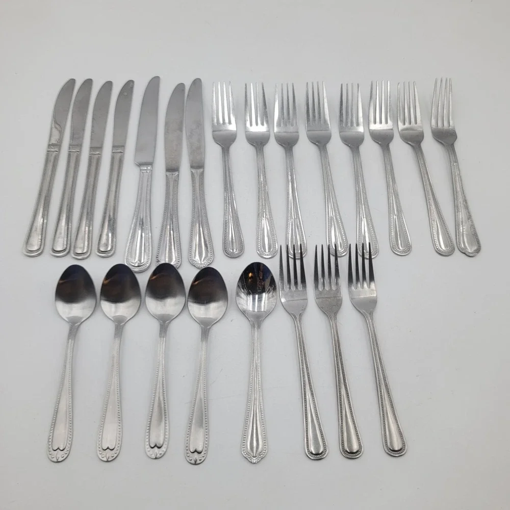 23 Pc Mixed Flatware Lot Stainless Steel Beaded Border Knives Forks Spoons